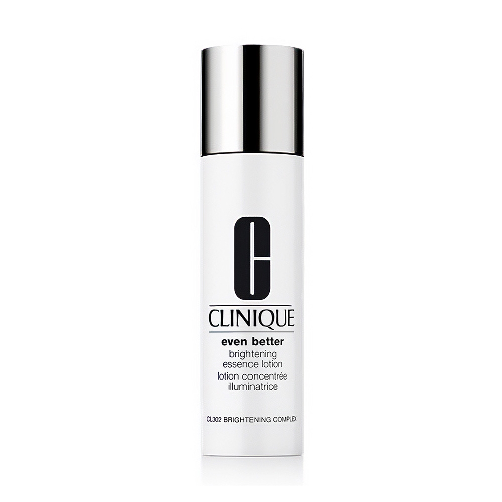 Clinique Even Better Brightening Essence Lotion in a sleek white bottle with a silver cap and black logo.
