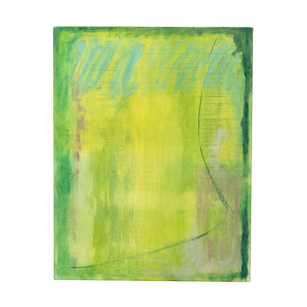 緑色を基調に、黄色と青がわずかに混じった抽象画。柔らかな筆のタッチと繊細な曲線が特徴。