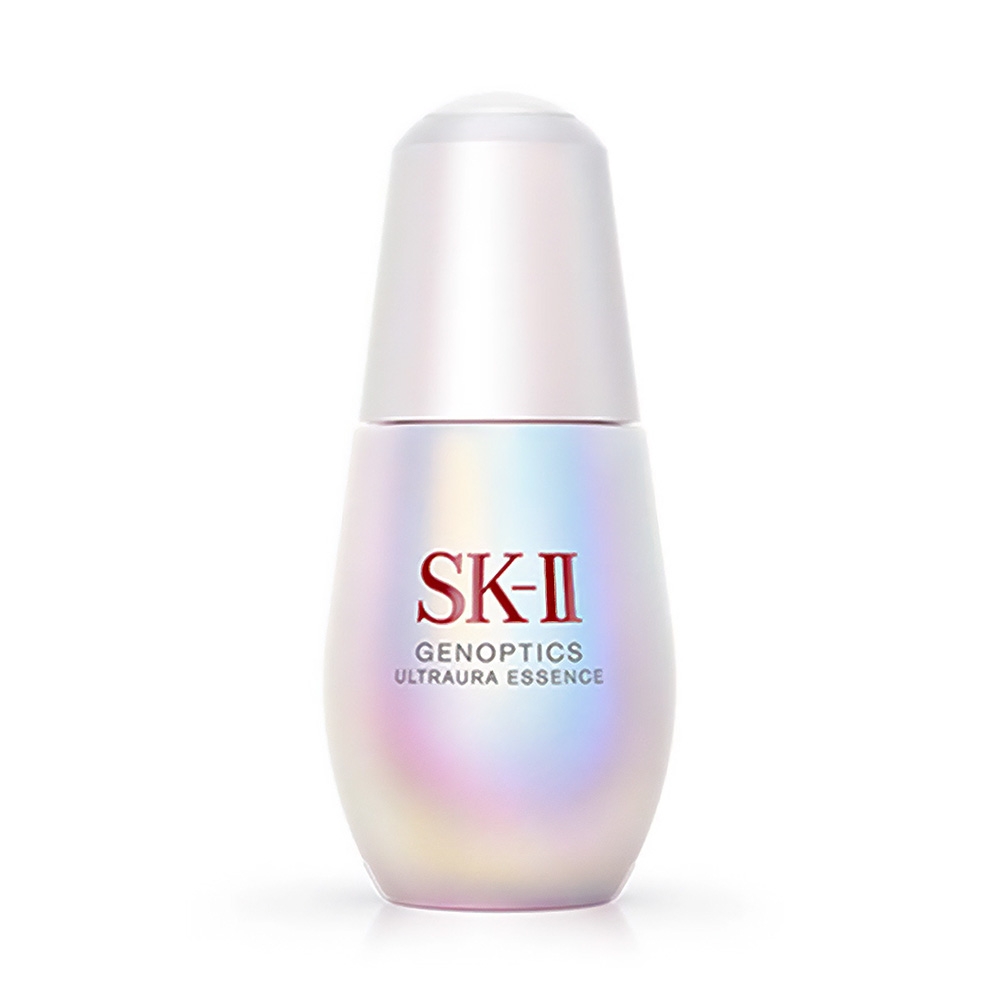Iridescent bottle of SK-II Genoptics Ultraura Essence with red lettering, featuring a sleek, pearlescent design.