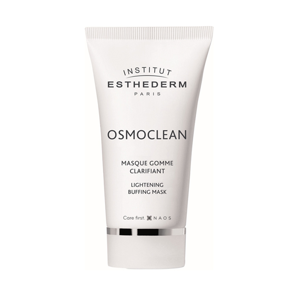 White tube of Institut Esthederm Osmoclean Lightening Buffing Mask with black text on a plain background.