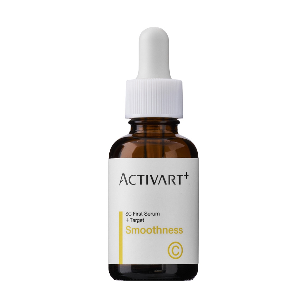 A brown glass dropper bottle labeled "ACTIVART+ SC First Serum +target Smoothness" with a white cap and yellow accents.