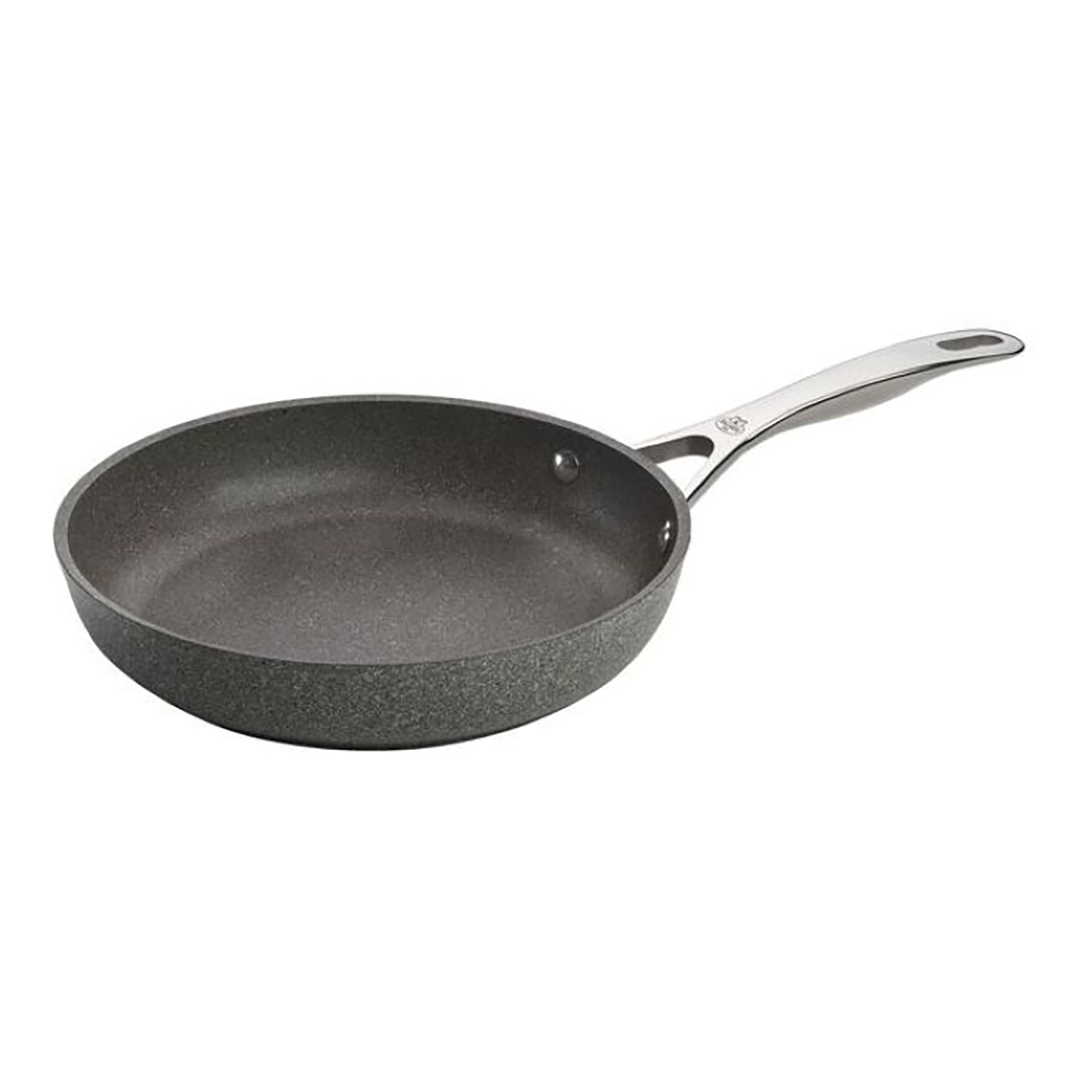 A non-stick frying pan with a dark, speckled interior and a long, silver handle, isolated on a white background.