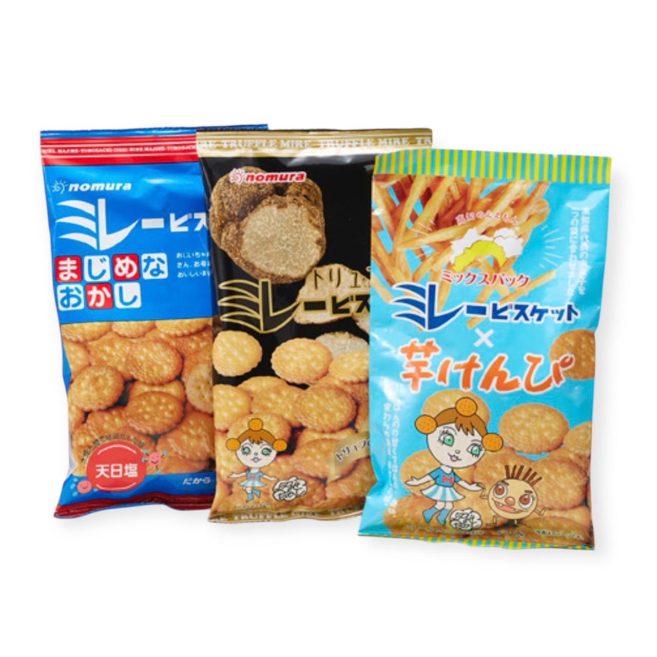Three packets of Nomura rice crackers with colorful packaging and cartoon characters on the front.