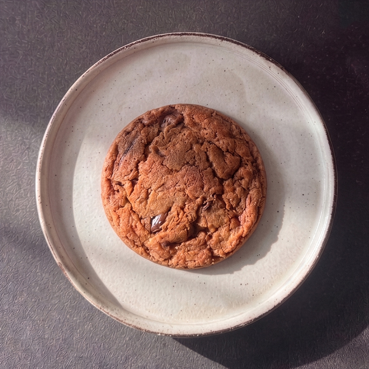 A single chocolate chip cookie on a round white plate against a dark background, lit by natural light.
