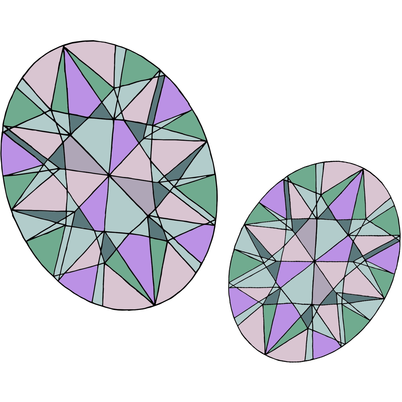 Two colorful, overlapping geometric shapes with triangular patterns in shades of green, purple, and gray on a white background.