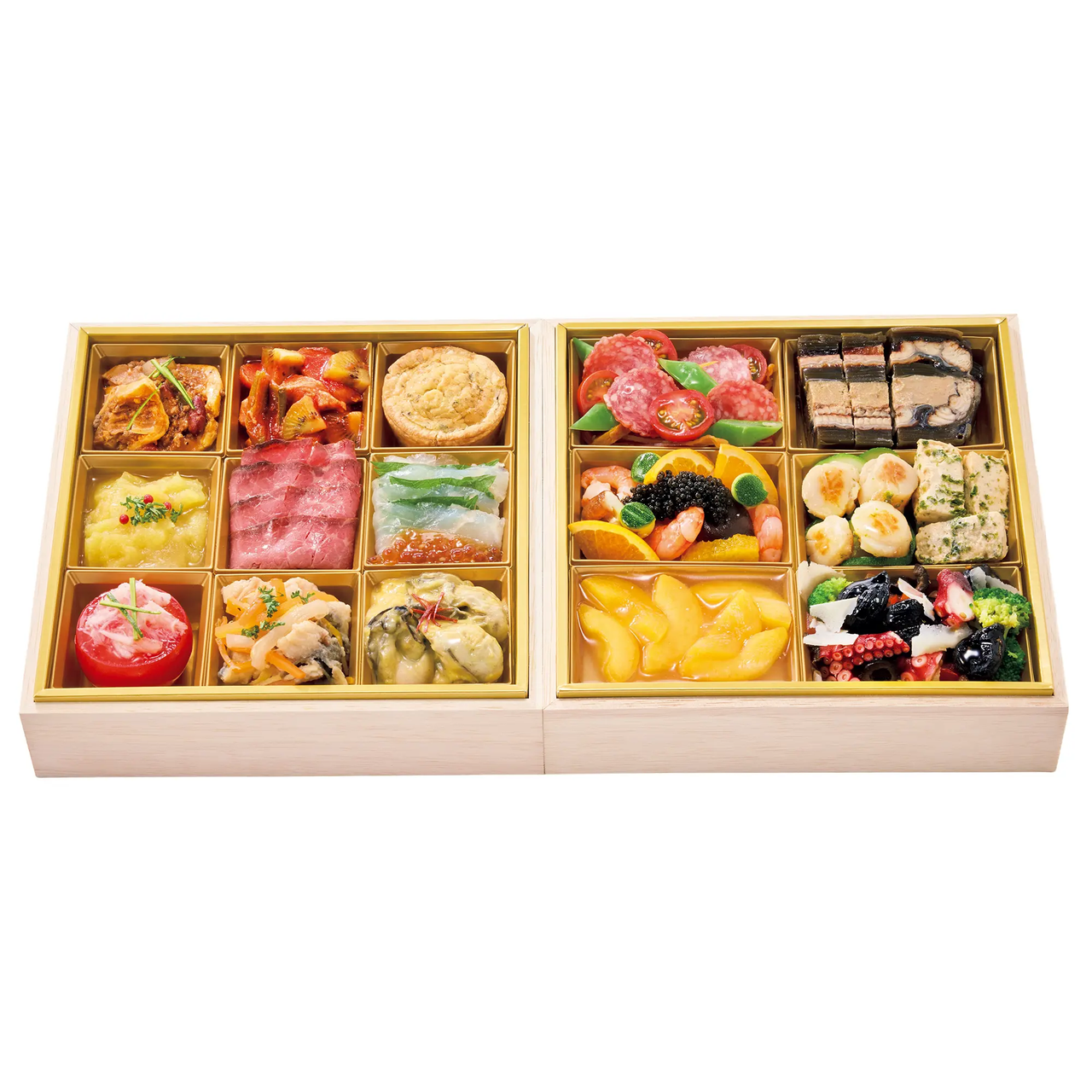浪江 ジョワイストロ ナミエ、 肉、デザート、果物、野菜など、さまざまなグルメ食品が2段の仕切り付き木箱のお重に整然と並べられています。