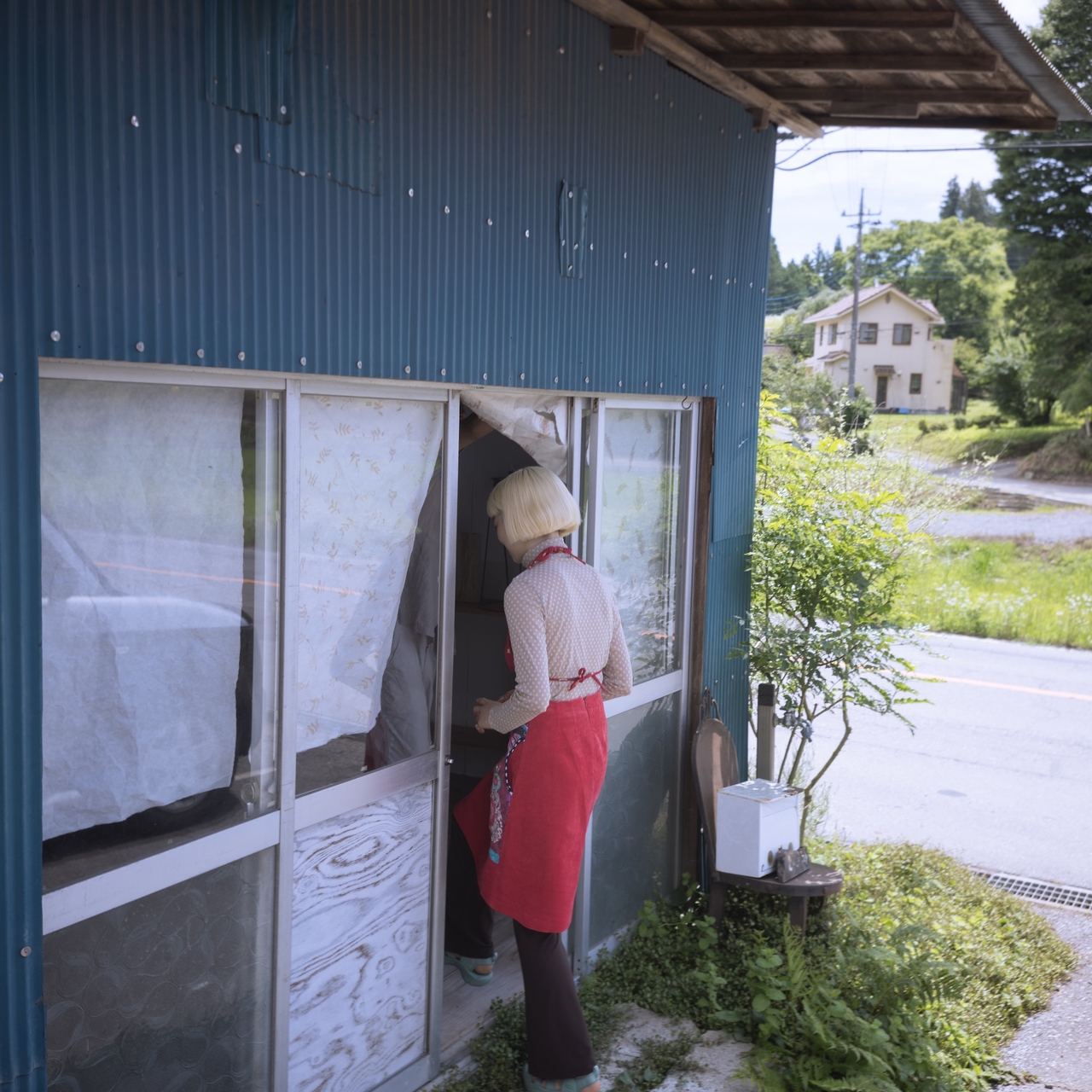 Person in a red apron entering a small blue building with white curtains, surrounded by greenery and a rural landscape.