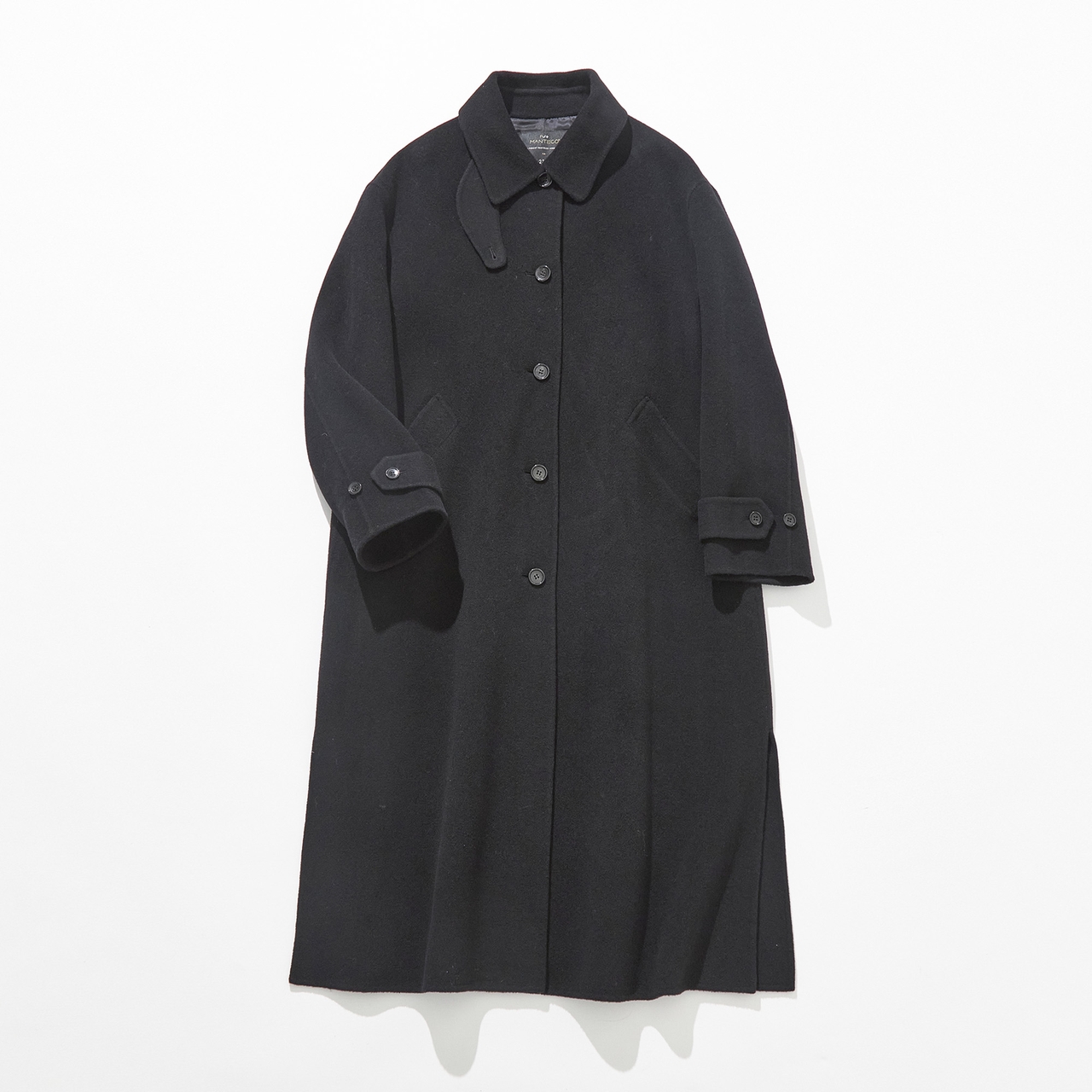 Black long-sleeved overcoat with buttons, collar, and side pockets against a white background.
