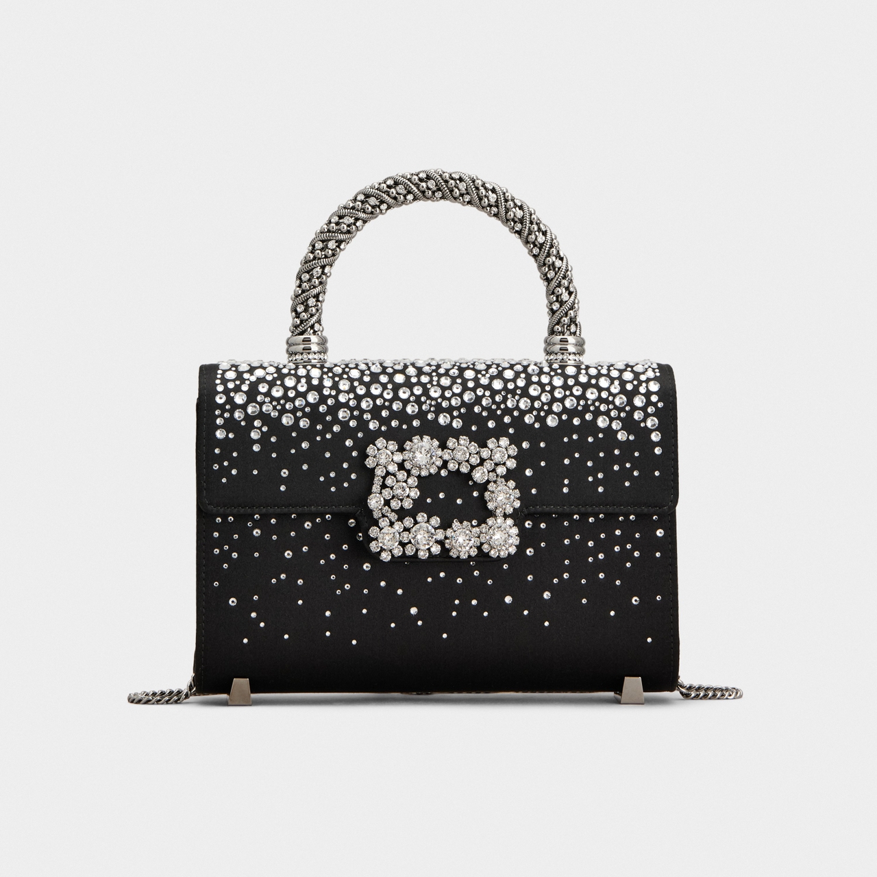 Elegant black handbag adorned with silver rhinestones, featuring a sparkling buckle and a braided handle.
