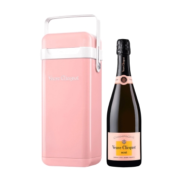 Pink Veuve Clicquot cooler with handle beside a bottle of Veuve Clicquot Rosé champagne.