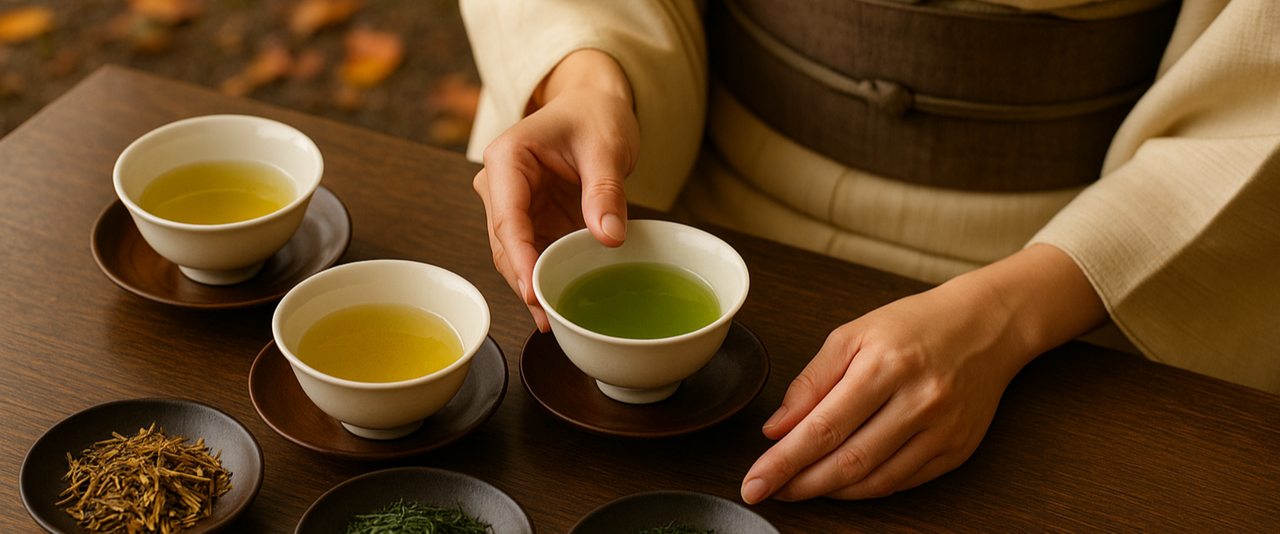 Person in traditional attire holding a cup of green tea, with two other cups and tea leaves on a wooden table.