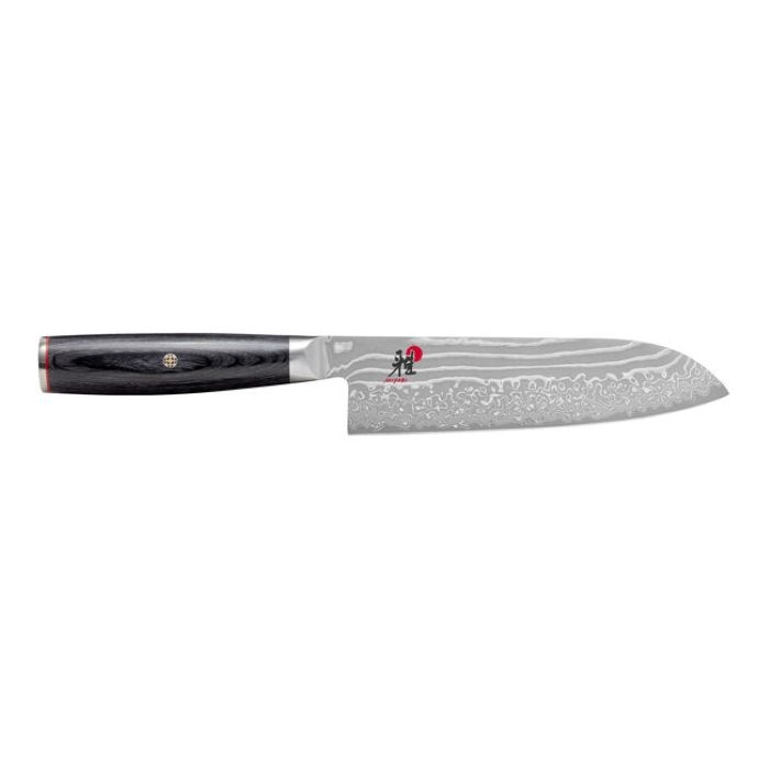 A Japanese chef's knife with a dark handle and a patterned steel blade, featuring intricate wave designs.