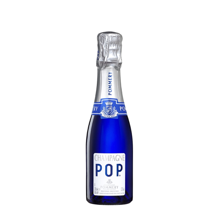 A small blue bottle of Pommery POP champagne with a silver foil top and white label, set against a plain white background.