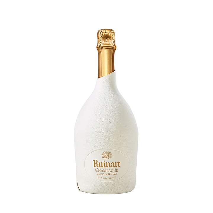 A bottle of Ruinart Blanc de Blancs champagneWrapped in a eco-friendly 'Second Skin' packaging, set against a plain white background.